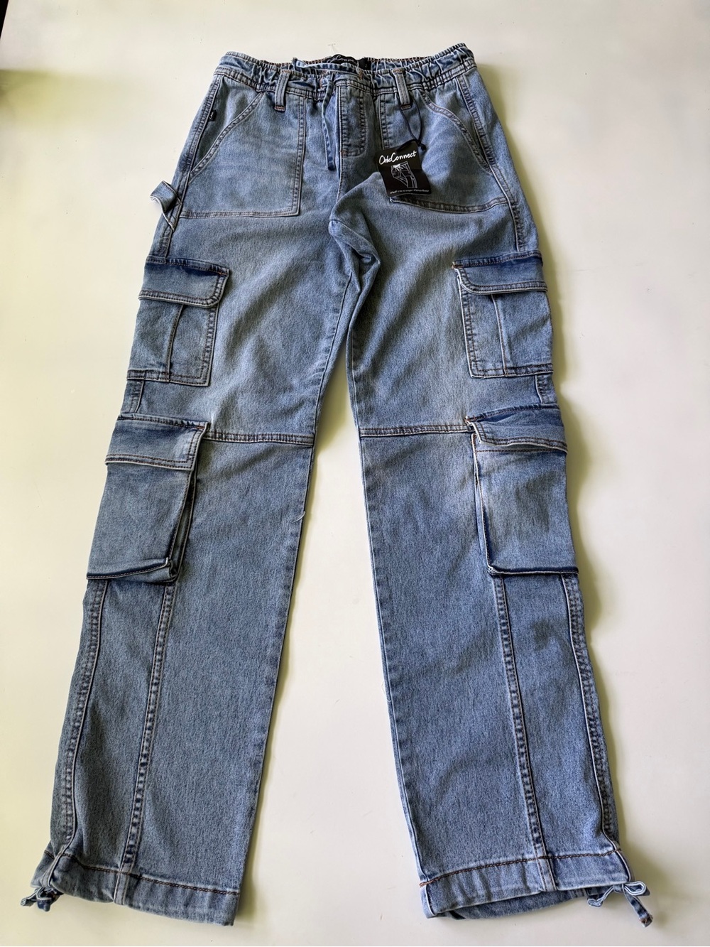ChicConnect Straight Cargo Multi Pockets Pull-On Jeans Pants Elastic‎